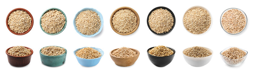 Pearl barley groats in bowls on white background, top and side views