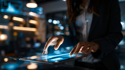 Close-up of the hands of an experienced investor analyzing financial charts on a digital tablet against the backdrop of a modern office. Concept of growth, decline, cryptocurrency.