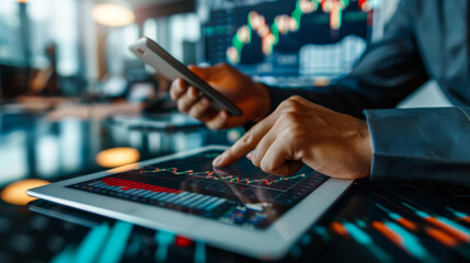 Close-up of the hands of an experienced investor analyzing financial charts on a digital tablet against the backdrop of a modern office. Concept of growth, decline, cryptocurrency.