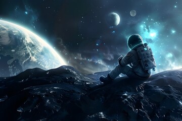 An astronaut exploring a distant planet with Earth in the background