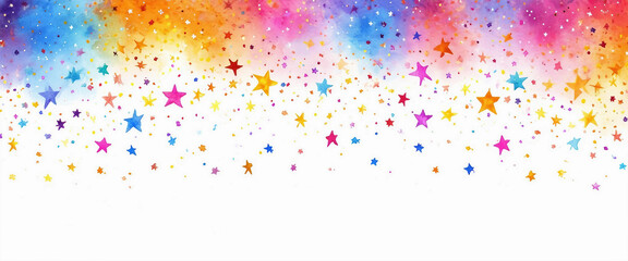 Watercolor illustration of colorful stars scattered across a blank space, perfect for festive designs.