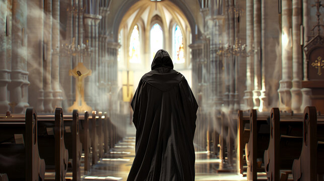 fraile caminando hacia el altar en el templo en la catedral con incienso entrega y meditacion oracion y contremplacion religiosa