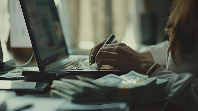finanzas y negocios haciendo cuentas con dinero en efectivo y anotando en la computadora trabajando y creciendo empresarialmente