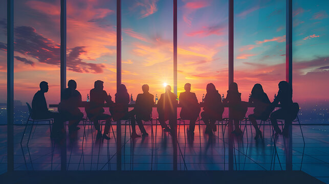 un corporativo oficina con un ventanal personas empresarias de negocios en junta equipo formando estrategias de negocios