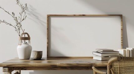 Blank horizontal frame mockup. Wooden desk with coffee, blurred rattan chair, olive branch vase, old books. Mediterranean home interior, white wall.