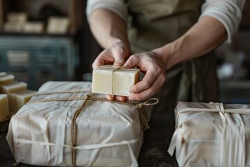 Obraz premium Handmade Soap Bars with Eco-Friendly Packaging for Artisanal Bath Products Promotion