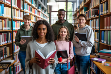 A Diverse group of happy students in a library