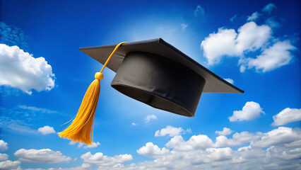 Vibrant black mortarboard hat with golden tassel soaring through the air, set against a bright blue sky with fluffy white clouds, symbolizing freedom and achievement.