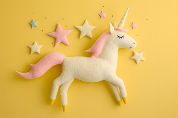 A white unicorn is laying on a yellow background with stars and clouds