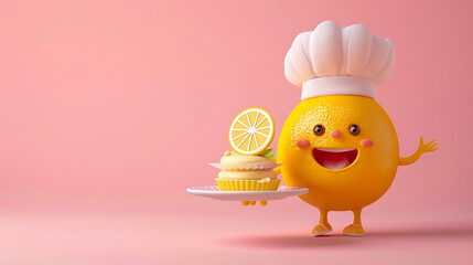 A happy lemon character dressed as a chef holds a delicious cupcake on a plate, showcasing culinary...