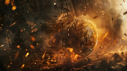 Bitcoin coin crash with a powerful explosion of destruction