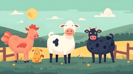 Obraz premium A farm scene with a red barn and a group of sheep