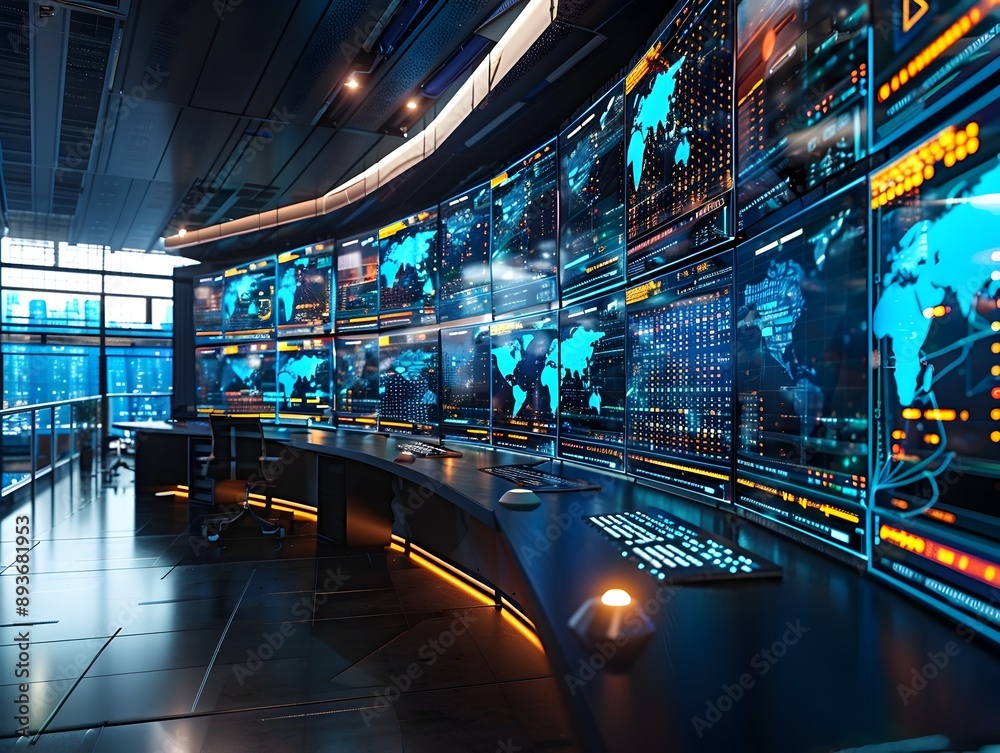 Poster the high tech command center with real time data visualization and network mapping for cyber securit