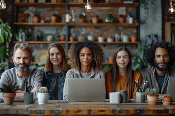 A diverse group of five smiling people sit at a table with laptops in a modern, stylish cafe, filled with lush green plants and creative decor, exuding a collaborative atmosphere.