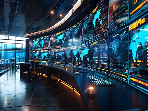 The High Tech Command Center with Real Time Data Visualization and Network Mapping for Cyber Security and Intelligence Monitoring long title The