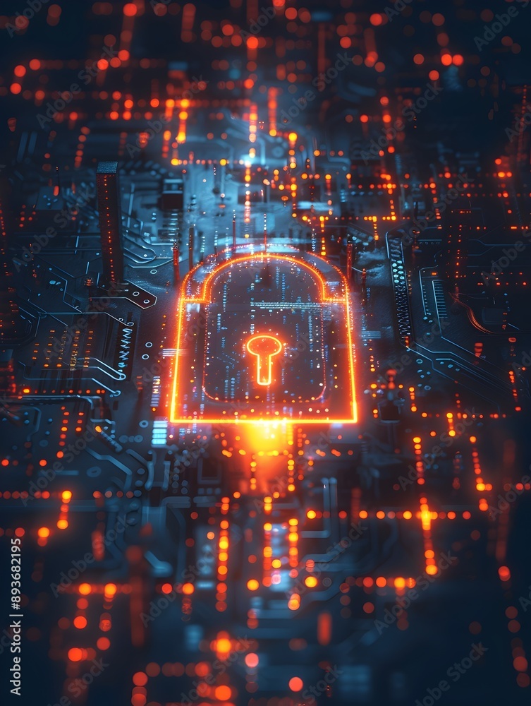 Poster glowing digital lock surrounded by cybersecurity binary symbols and encryption concepts