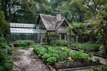 Rustic Cottage with Greenhouse: Traditional Architecture and Modern Farming Interaction