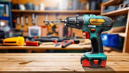 an electric cordless drill screwdriver tool on a wooden work table, set against a blurred background of various tools in a craft workshop. Highlight the energy and creativity of the workspace