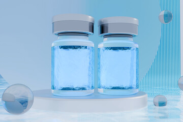 Two water bottles on white podium before blue background, 3d render