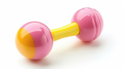 Pink and yellow baby rattle isolated on white background