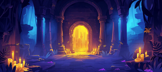 Obraz premium The Magic portal in a medieval castle, Game background, Large dark hall, Illustration