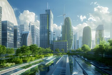 A futuristic cityscape powered entirely by renewable energy, with buildings incorporating solar panels and wind turbines