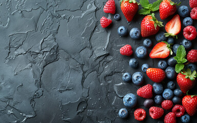 Fresh mixed berries with mint leaves on textured background