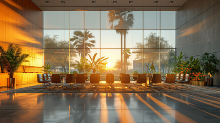 The photo shows a modern office meeting room with a high ceiling and large windows