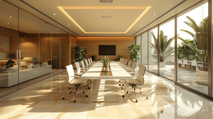 The photo shows a modern office meeting room with a high ceiling and large windows