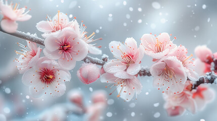 Seasonal background with cherry blossoms and spring flowers in Winter