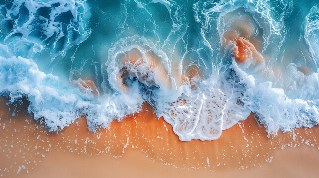 Wallaper Aerial view of the ocean waves crashing onto an orange sandy beach