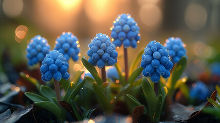 Fresh blue flowers arranged colorfully in spring
