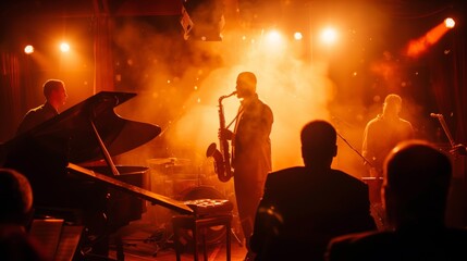 A jazz band performs live, creating an enchanting ambiance with smooth melodies and dim lighting.