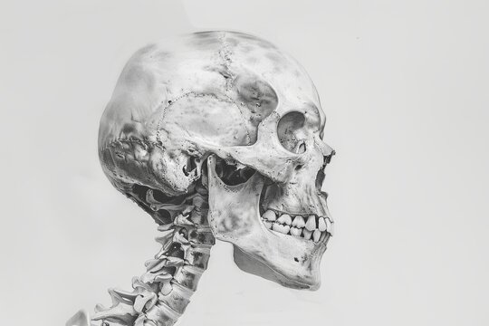 Human skeleton facial anatomy with teeth, skull bones, model structure in detailed side view sketch
