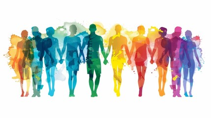 Watercolor silhouettes of diverse people holding hands and walking together