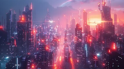 Futuristic Neon Lit Digital Cityscape with Glowing Skyscrapers and Flying Vehicles