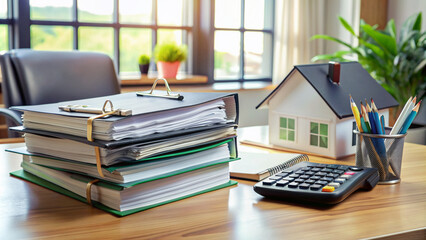 Neatly organized financial documents and binders stacked on a clutter-free desk, with a calculator and pen beside them, awaiting mortgage loan approval decision.