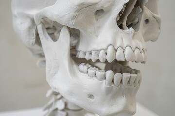 Side view of human skull anatomy with teeth, jaw, and head bones depicted in medical anatomic model
