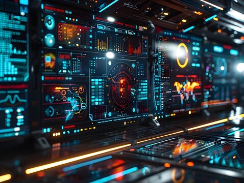 Holographic Cyber Interface with Floating Data Panels and Touch Controls in High Tech Dark Background