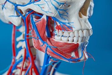 Detailed human skeleton face anatomy with brain, teeth, jaw, and nerves in head and skull structure