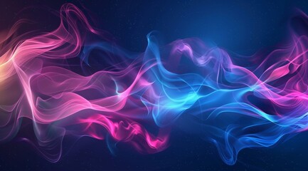 displays a vivid abstract background featuring flowing, neon-colored waves of pink, purple, and blue, set against a dark backdrop. The swirling lines create a sense of movement and energy