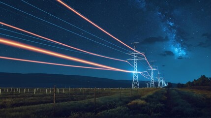 Electricity transmission towers and infrastructure network, digital visualization of power lines with renewable energy supply against starry sky