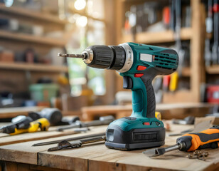 drill on wood.an electric cordless drill screwdriver tool placed on a wooden work table in a craft workshop, with a subtly blurred wall of tools in the background. Capture the vitality and potential o