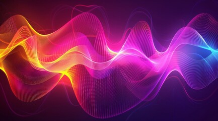 displays a vivid abstract background featuring flowing, neon-colored waves of pink, purple, and blue, set against a dark backdrop. The swirling lines create a sense of movement and energy