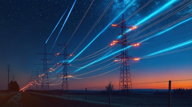 Electricity transmission towers and infrastructure network, digital visualization of power lines with renewable energy supply against starry sky