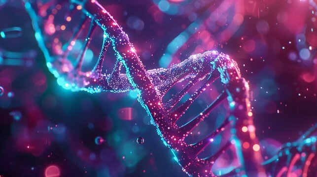 Dettagliata rappresentazione 3D di una doppia elica di DNA con luci brillanti su sfondo blu e rosa, evidenziando la complessità genetica e la tecnologia avanzata.