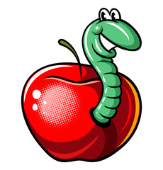 Cartoon style worm coming out of an apple. Vector illustration. Isolated on white background.