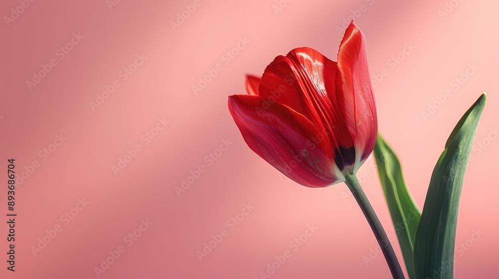 Poster Red tulip on light pink background