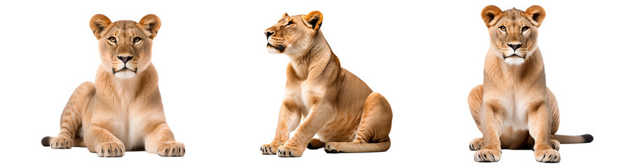 Obraz premium Set of lioness sitting, wildlife animals, isolated on transparent background