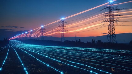 Electricity infrastructure and high voltage network: energy distribution with power towers at night and industrial transmission grid under starry silhouette